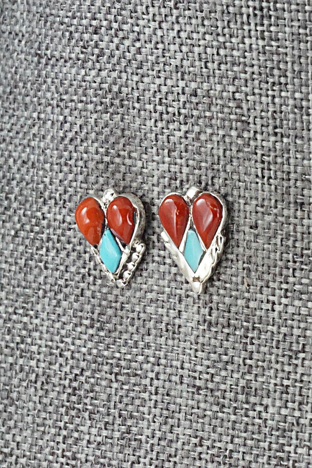 Turquoise, Coral & Sterling Silver Earrings - Vincent Hooee