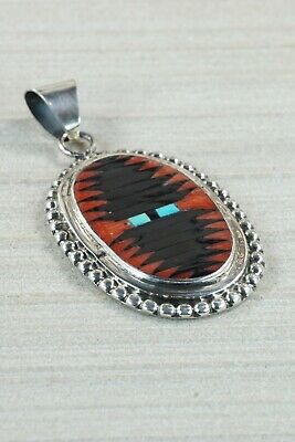 Zuni Inlay Coral & Sterling Silver Pendant - Charlotte Dishta