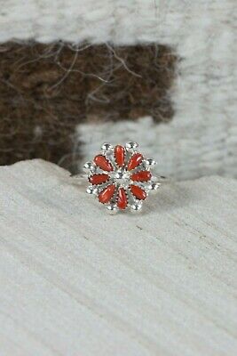 Zuni Coral and Sterling Silver Ring - David Leekity - Size 9 - High Lonesome Trading
