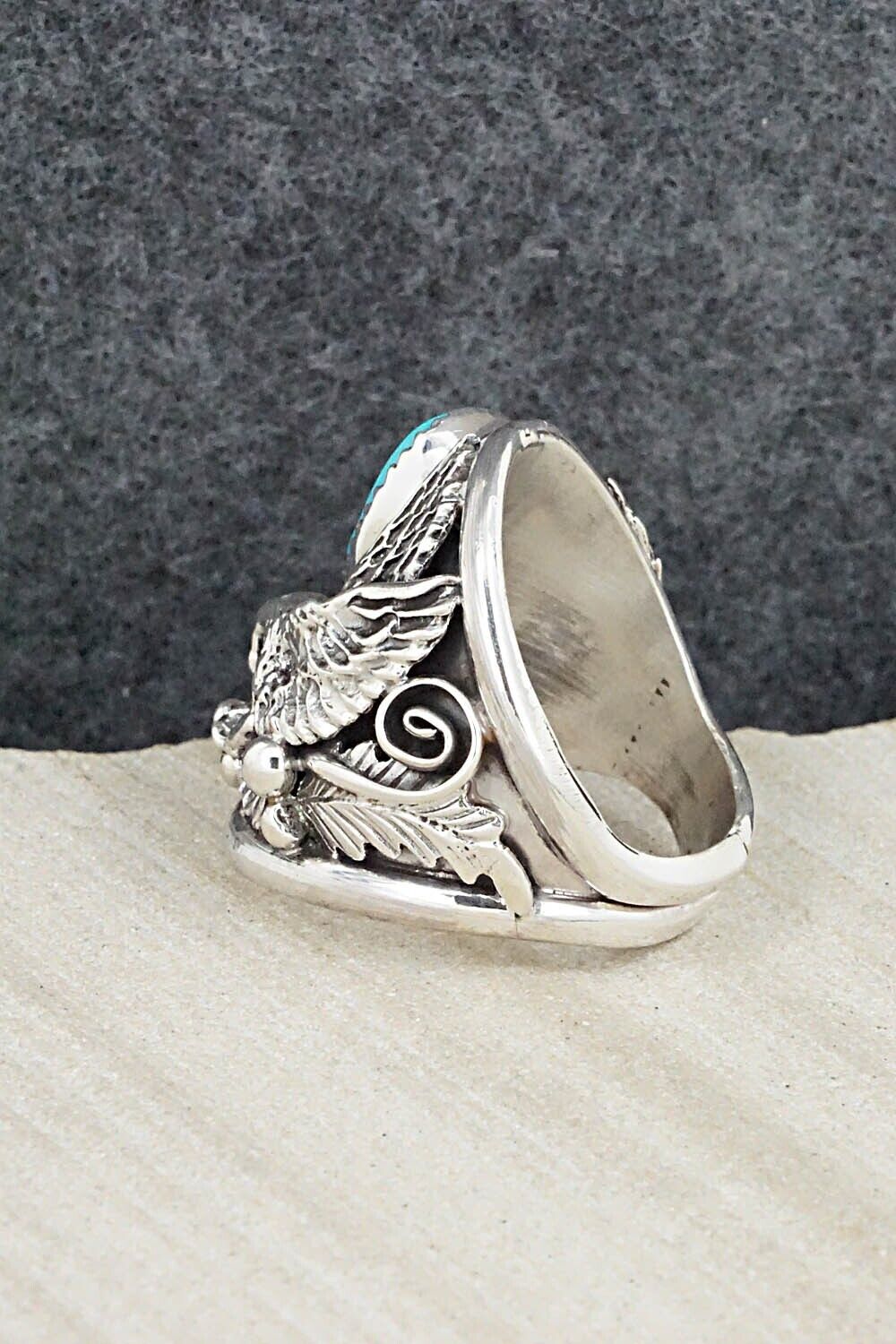 Turquoise, Coral & Sterling Silver Ring - Jeannette Saunders - Size 9.25