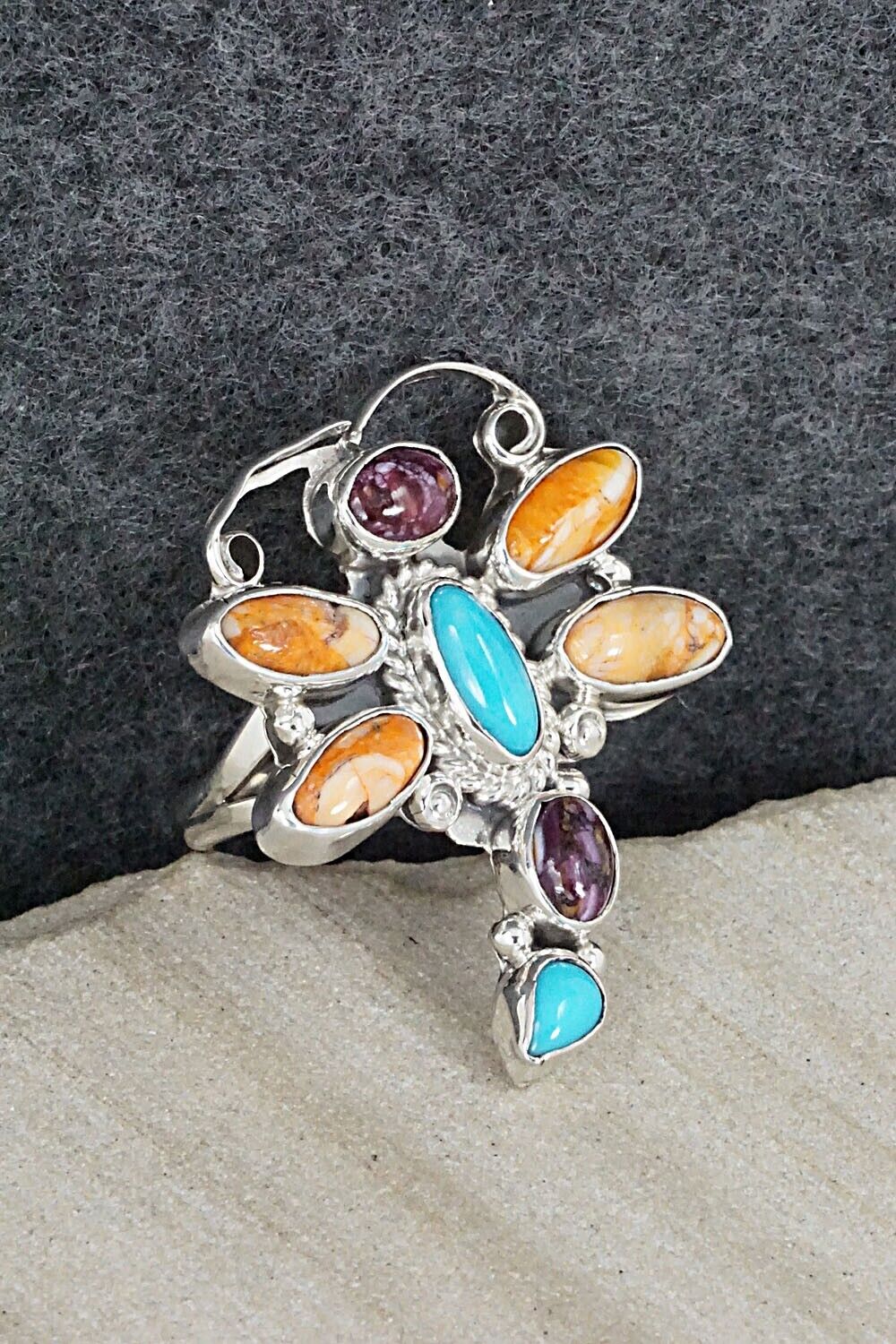 Turquoise, Spiny Oyster & Sterling Silver Ring - Bobby Platero - Size 7.75
