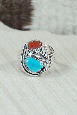 Navajo Turquoise, Coral & Sterling Silver Ring - Jeanette Saunders - Size 9.5 - High Lonesome Trading