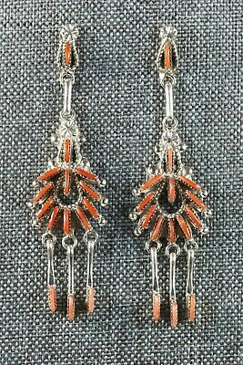 Zuni Coral & Sterling Silver Earrings - Bernadette Wyaco - High Lonesome Trading