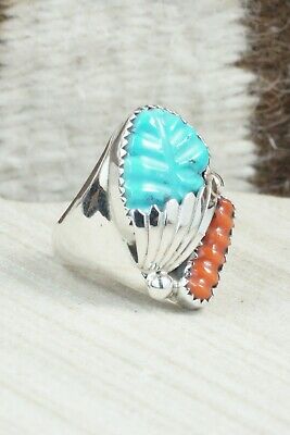 Turquoise, Coral & Sterling Silver Ring - Lyolita Tsattie - Size 8