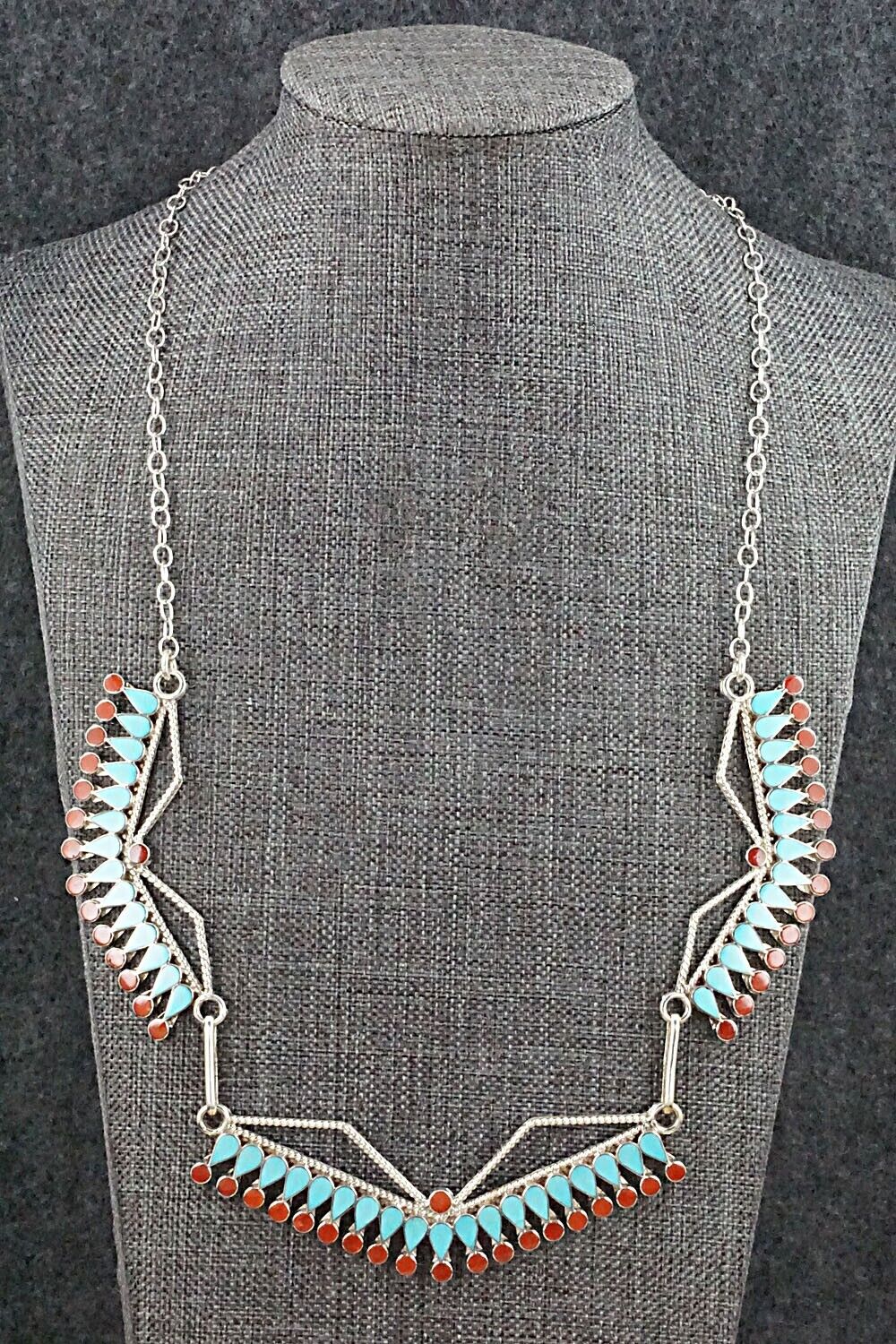 Turquoise, Coral & Sterling Silver Necklace - Fadrian Bowannie