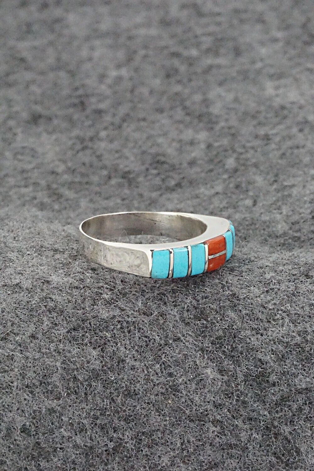Turquoise, Coral & Sterling Silver Inlay Ring - Verna Kanesta - Size 8