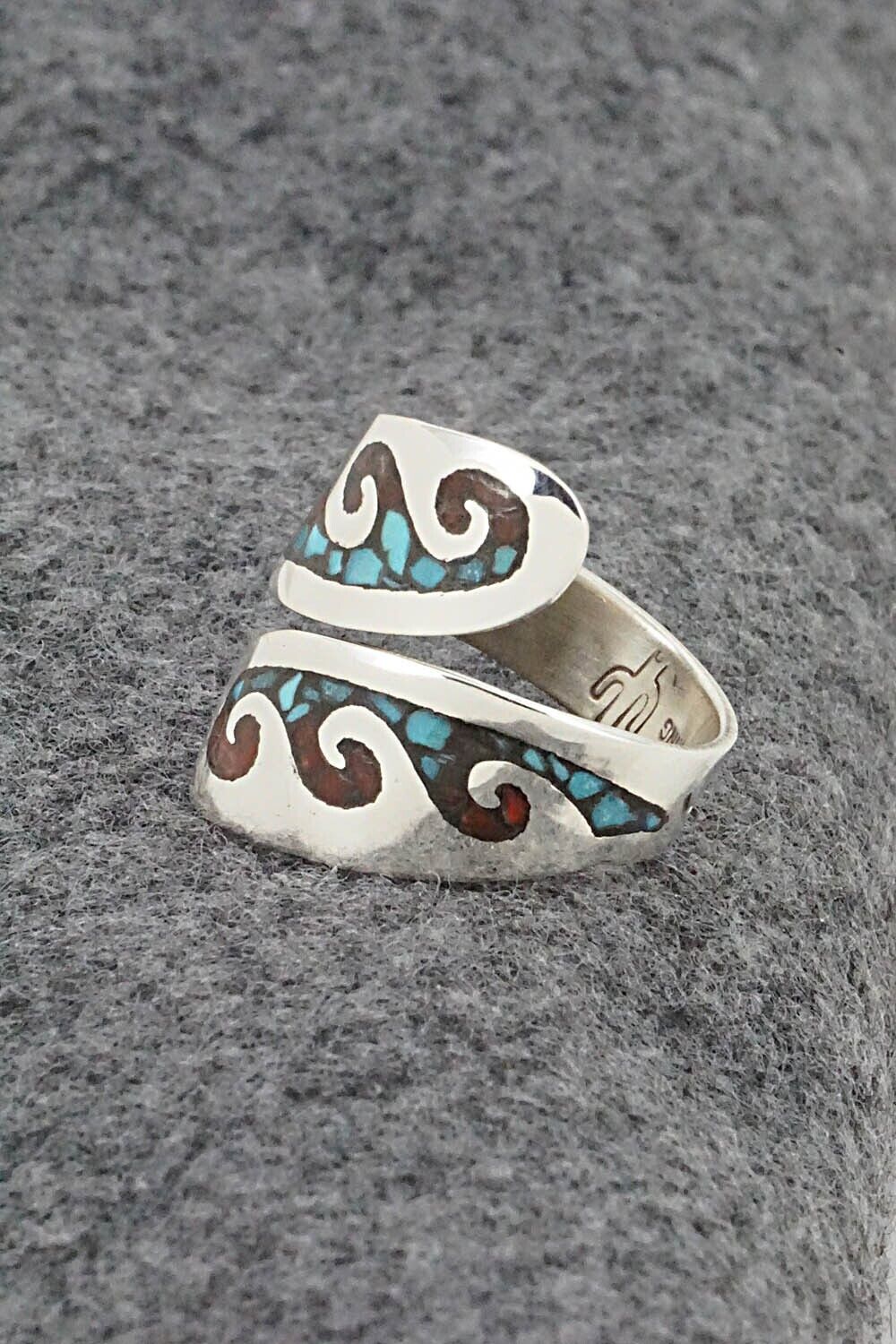 Turquoise, Coral & Sterling Silver Ring - Jolene Yazzie - Size 8