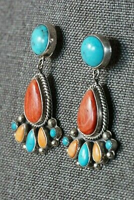 Navajo Turquoise, Spiny Oyster and Sterling Silver Earrings - David Lister - High Lonesome Trading