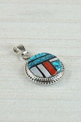 Zuni Inlay Turquoise and Coral Sterling Silver Pendant - Wayne Haloo