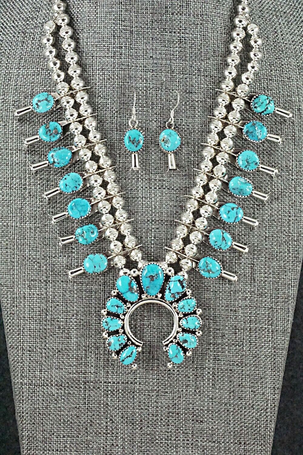 Turquoise & Sterling Silver Squash Blossom and Earrings Set - Calfreda Roanhorse