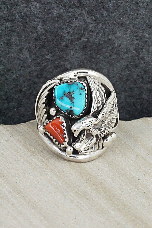 Turquoise, Coral & Sterling Silver Ring - Jeannette Saunders - Size 9.5