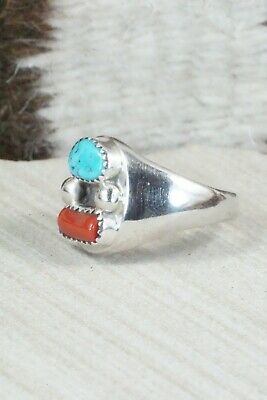 Turquoise, Coral & Sterling Silver Ring - Wilbur Myers - Size 11