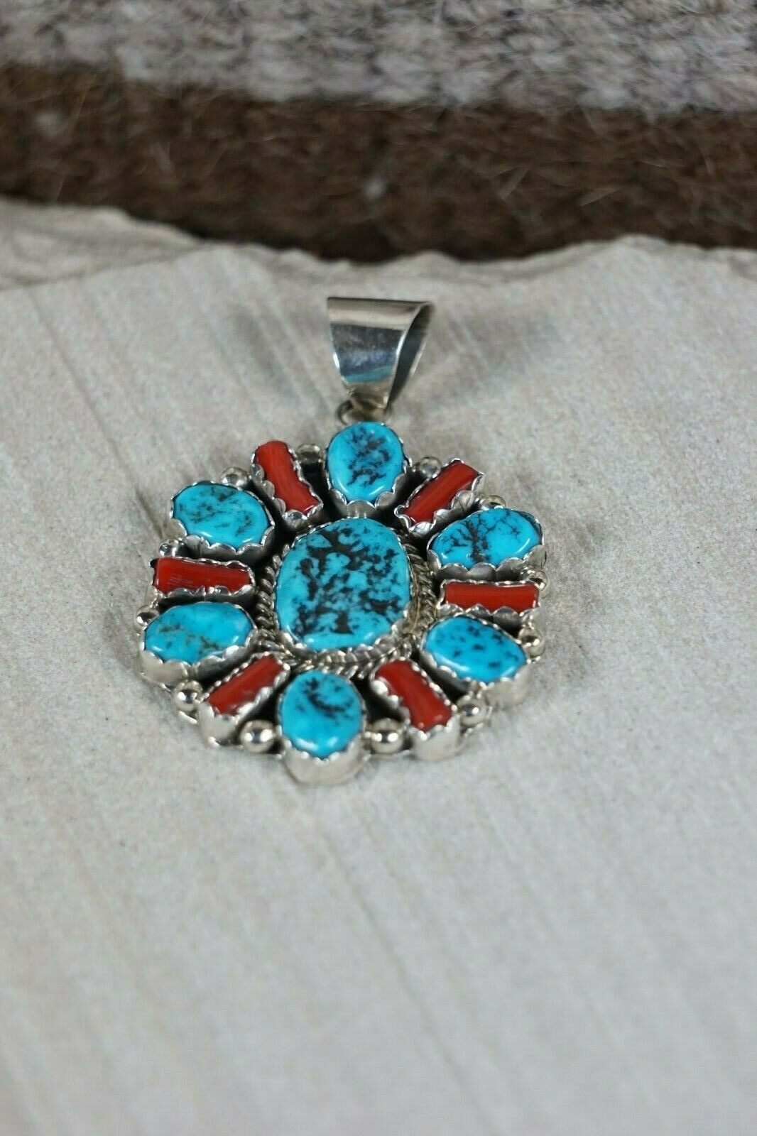 Navajo Turquoise, Coral and Sterling Silver Pendant - Pearlene Spencer - High Lonesome Trading