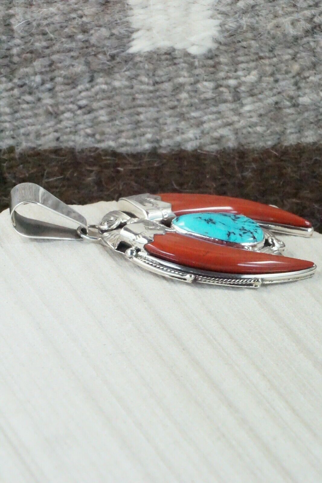 Coral, Turquoise & Sterling Silver Pendant - Navajo