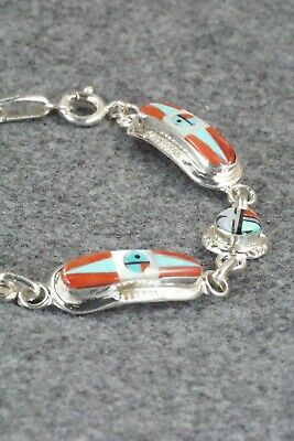 Coral, Turquoise & Sterling Silver Link Bracelet - Patty Edaakie