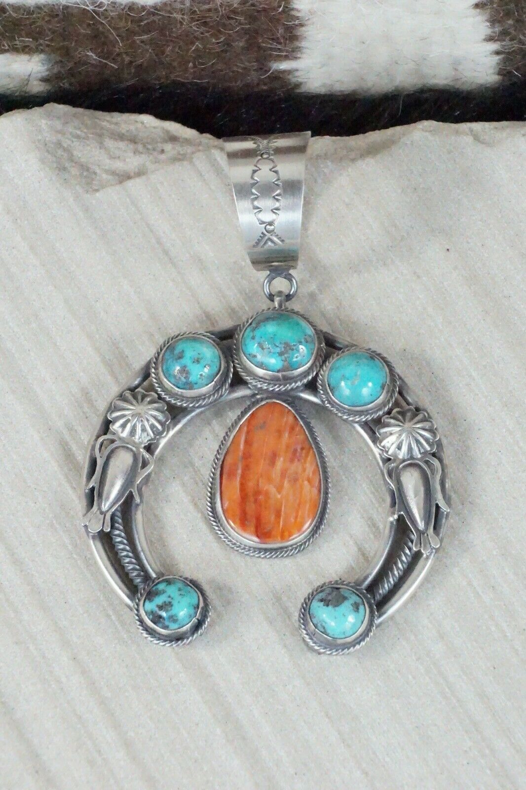 Turquoise, Spiny Oyster & Sterling Silver Naja Pendant Raymond Delgarito