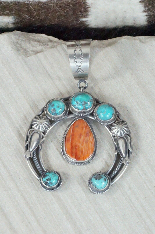 Turquoise, Spiny Oyster & Sterling Silver Naja Pendant Raymond Delgarito