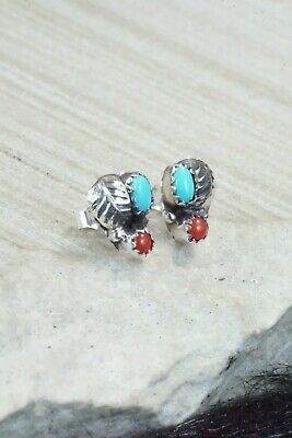 Turquoise, Coral & Sterling Silver Earrings - Roselene Joe