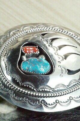 Turquoise, Coral & Sterling Silver Belt Buckle - Wilbert Muskett Sr. - High Lonesome Trading