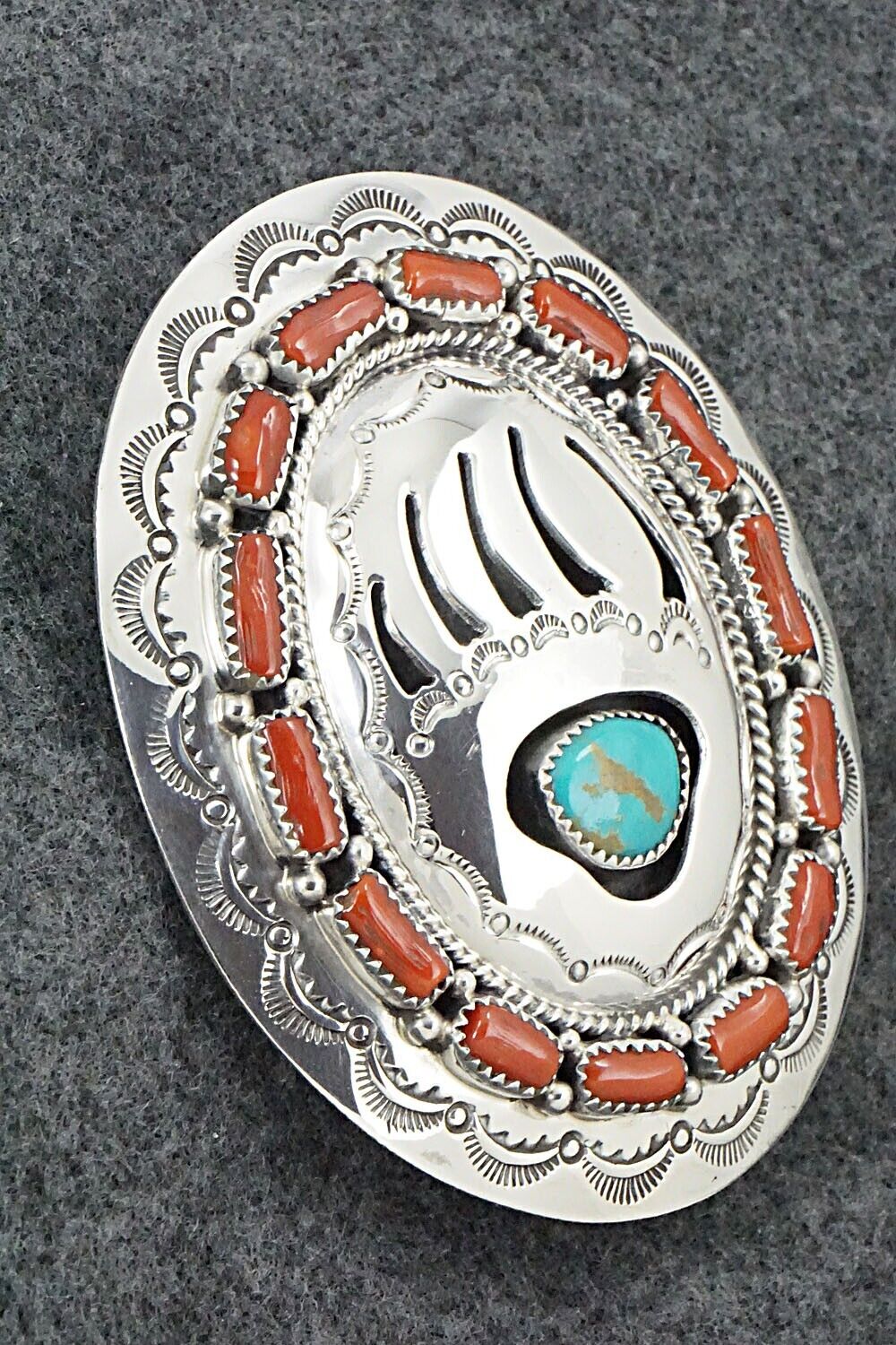 Turquoise, Coral & Sterling Silver Belt Buckle - Wilbert Muskett Sr.