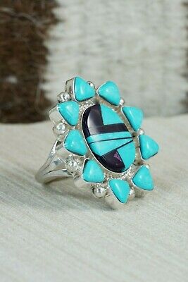 Zuni Inlay Turquoise, Jet and Sterling Silver Ring - Leslie Lamy - Size 7.75
