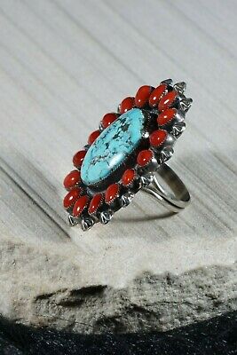 Navajo Turquoise, Coral and Silver Ring - Annie Chapo - Size 10.5 - High Lonesome Trading