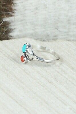 Turquoise & Coral Sterling Silver Ring - Betty Hawthorne - Size 5.75