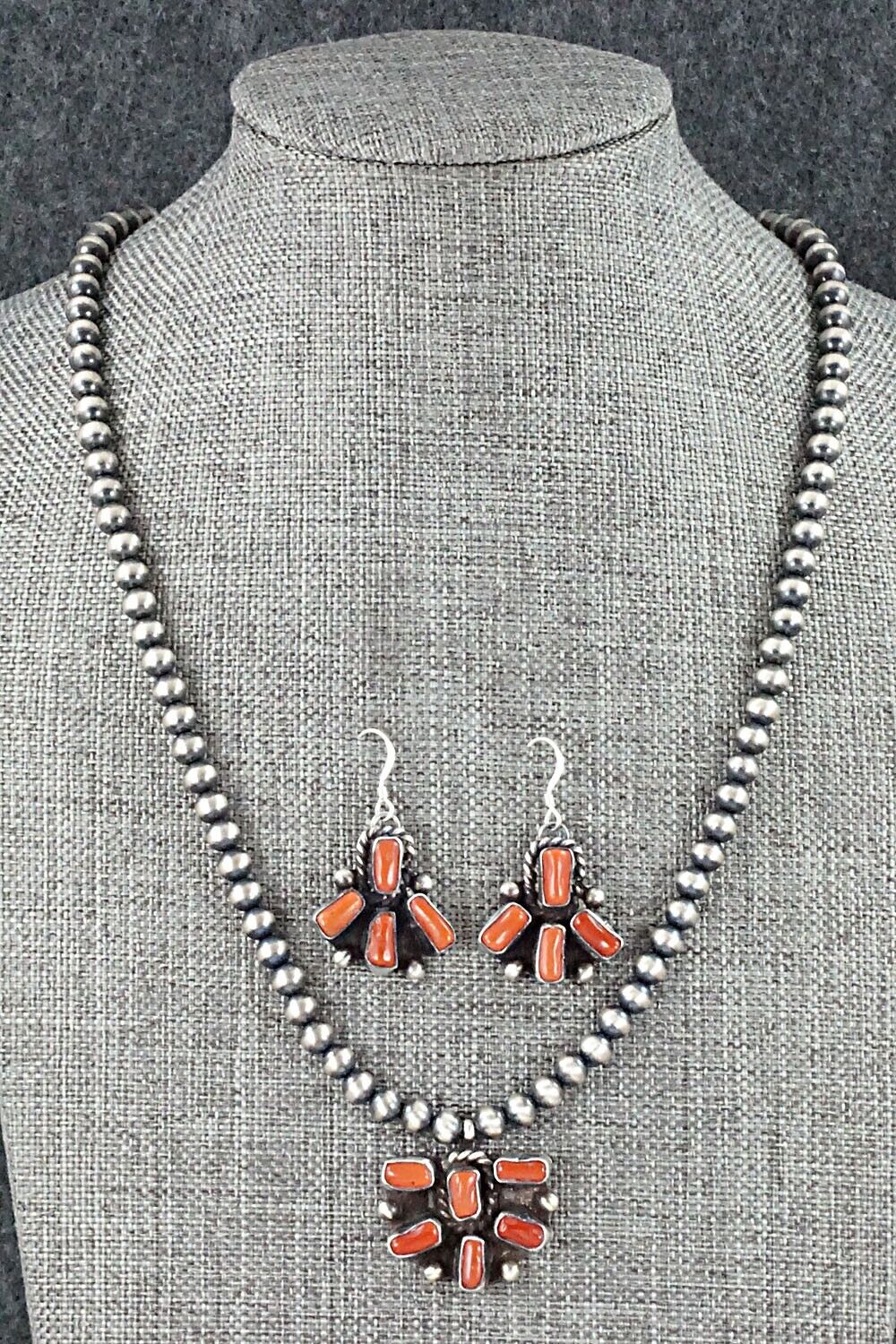 Coral & Sterling Silver Necklace and Earrings Set - Wilson Dawes