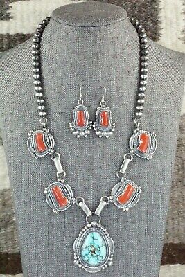 Turquoise, Coral & Sterling Silver Necklace and Earrings - Tom Lewis