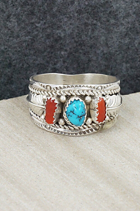 Turquoise, Coral and Sterling Silver Ring - Betty Begay - Size 12