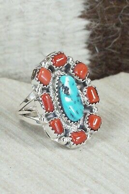 Turquoise & Coral Sterling Silver Ring - Roberta Begay - Size 6.25