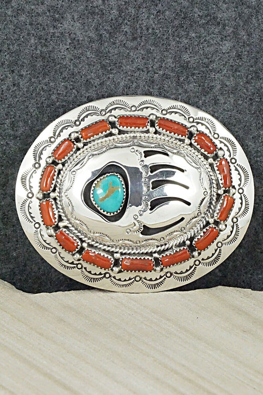 Turquoise, Coral & Sterling Silver Belt Buckle - Wilbert Muskett Sr.