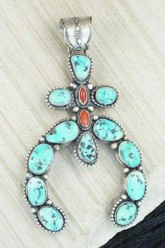 Turquoise, Coral & Sterling Silver Pendant - Shawn Cayatineto