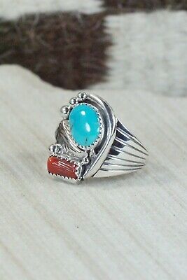 Navajo Turquoise, Coral & Sterling Silver Ring - Jeanette Saunders - Size 9.5