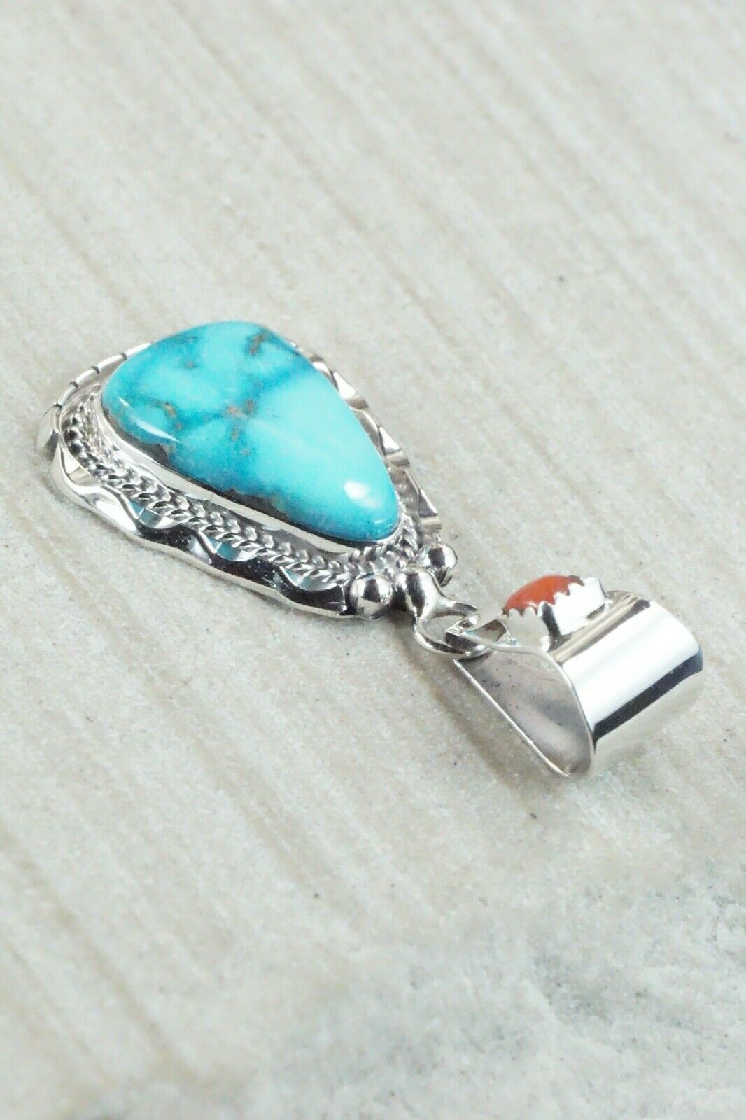 Turquoise, Coral & Sterling Silver Pendant - Navajo