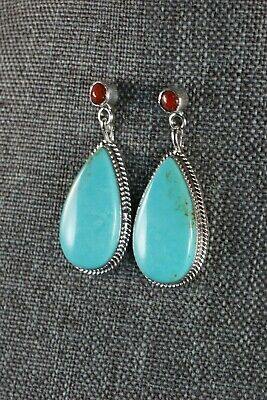 Navajo Turquoise and Coral Sterling Silver Earrings - Judy Largo - High Lonesome Trading