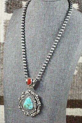 Turquoise, Coral Pendant & Sterling Silver Necklace - Tom Lewis