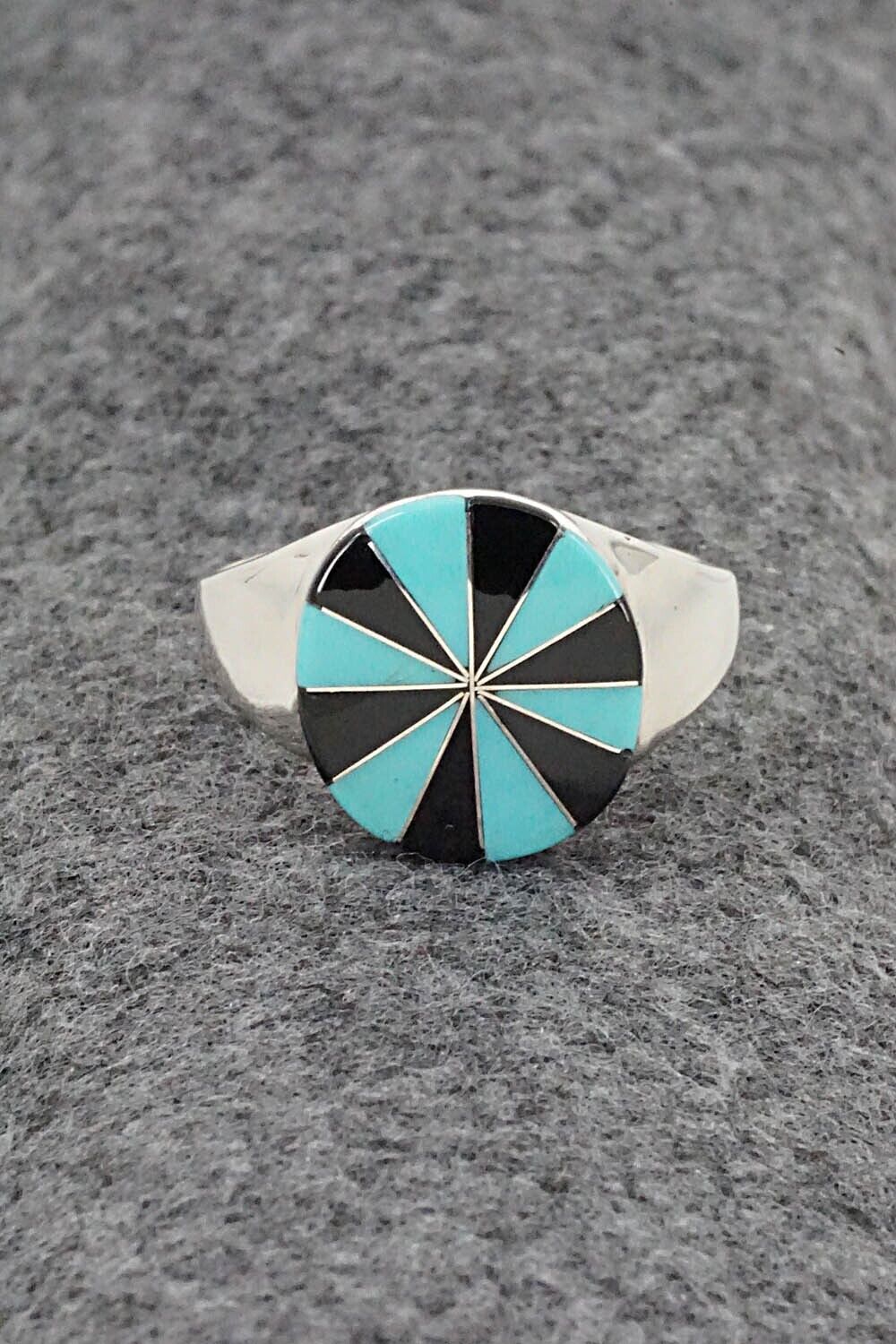 Turquoise, Onyx & Sterling Silver Ring - Johnson Laweka - Size 10.5