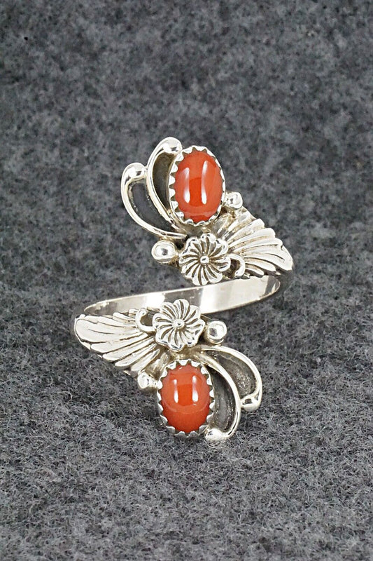 Coral and Sterling Silver Ring - Etta Belin - Size 9.5