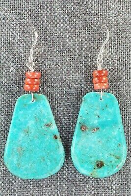 Turquoise, Coral & Sterling Silver Earrings - Lupe Lovato