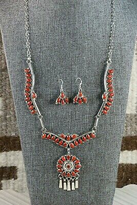 Navajo Coral & Sterling Silver Necklace and Earrings Set - Nelson Harry - High Lonesome Trading