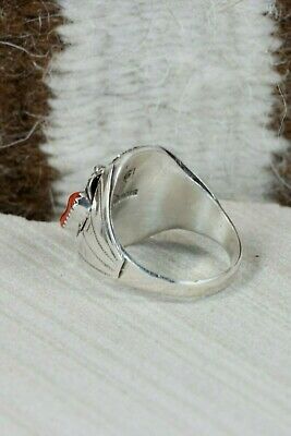 Navajo Turquoise, Coral & Sterling Silver Ring - Grace Smith - Size 12