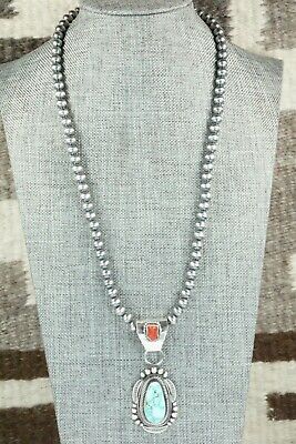 Turquoise, Coral Pendant & Sterling Silver Necklace - Tom Lewis