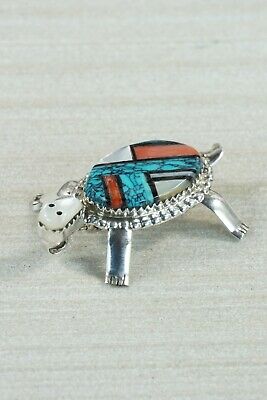 Zuni Inlay Turquoise, Mother of Pearl and Coral Turtle Pendant - Wayne Haloo