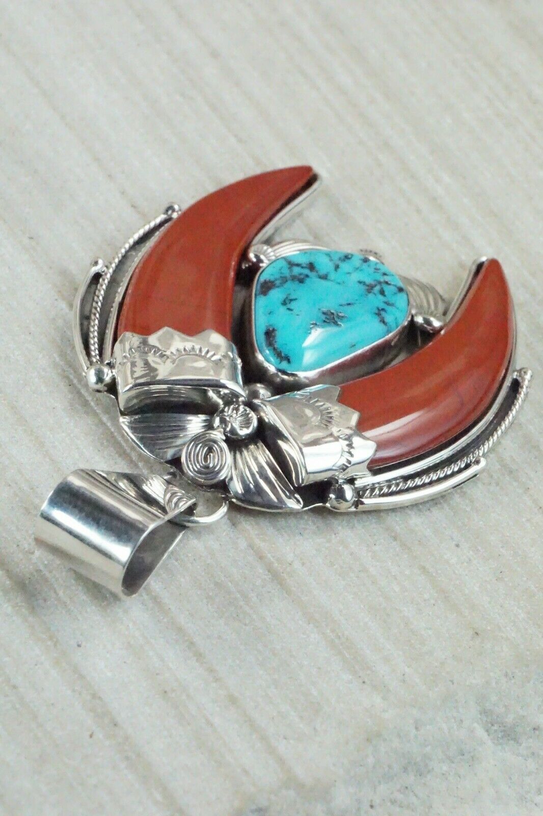 Coral, Turquoise & Sterling Silver Pendant - Navajo