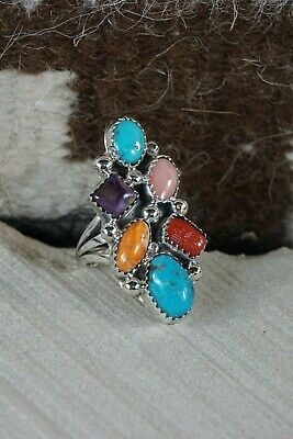 Navajo 6 Multi Stone and Sterling Silver Ring - Roberta Begay - Size 7 - High Lonesome Trading