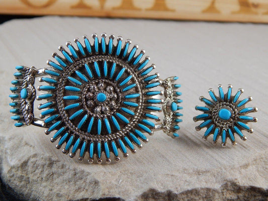 Zuni Sterling Silver & Turquoise Bracelet & Ring - Evangeline Wyaco - High Lonesome Trading