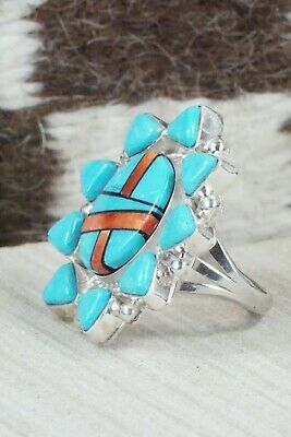 Turquoise, Spiny Oyster & Sterling Silver Ring - Leslie Lamy - Size 7.5