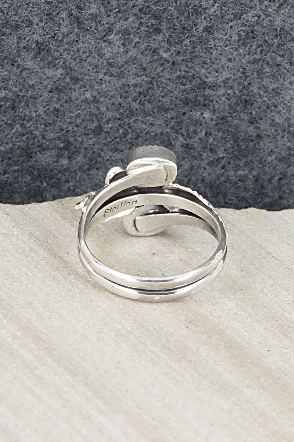 Turquoise, Coral & Sterling Silver Ring - Harry Yazzie - Size 8.25