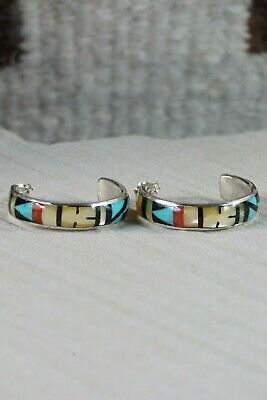 Zuni Multi Stone Inlay & Sterling Silver Hoop Earrings - Delberta Boone - High Lonesome Trading